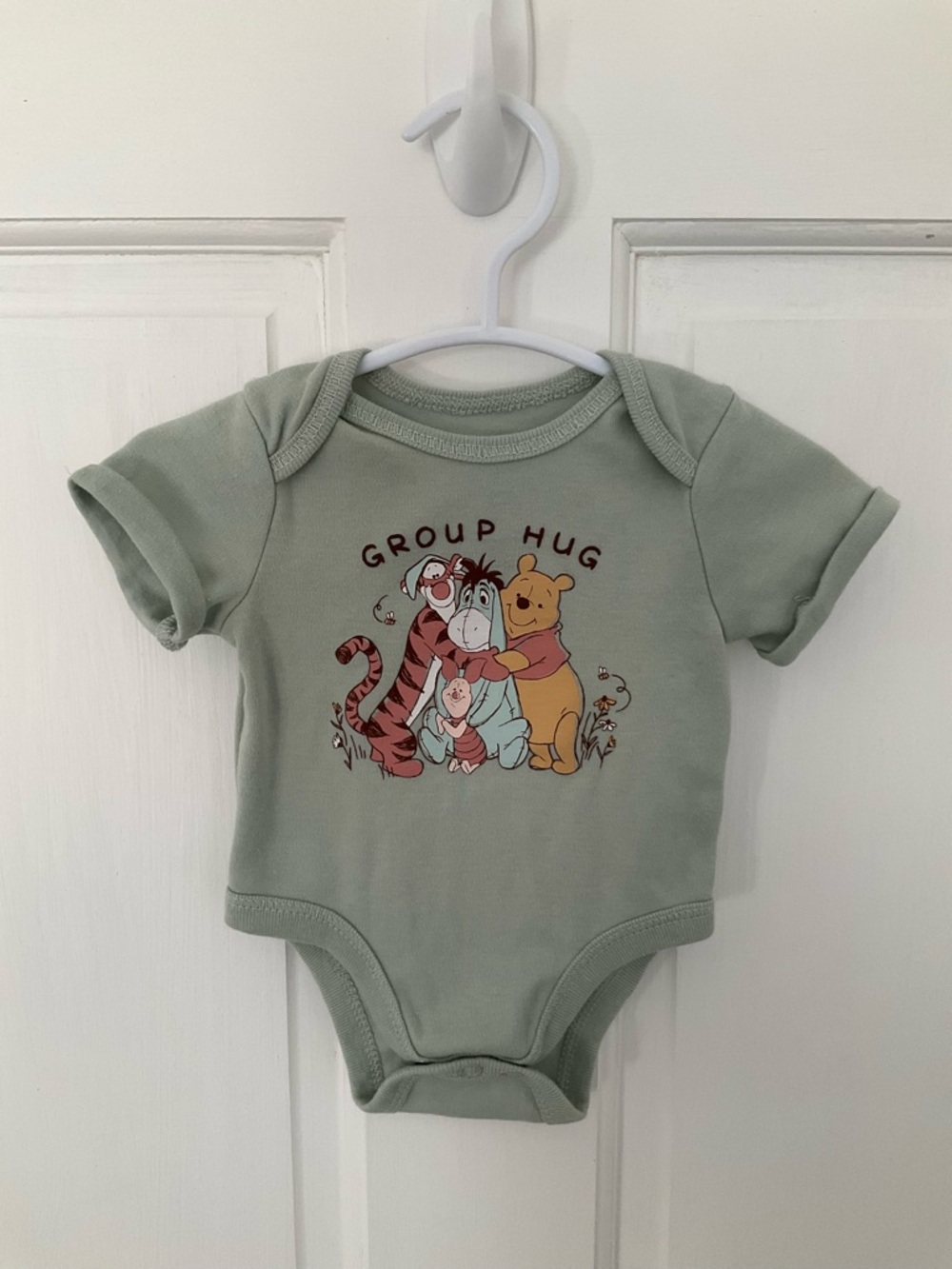 Disney Sage Green Winnie the Pooh 'Group Hug' Baby One-Piece